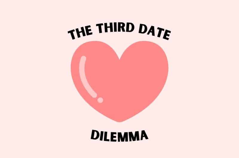 a pink heart surrounded by text that says "the third date dilemma"
