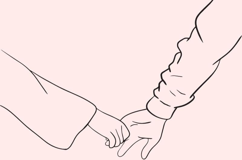 an illustration of a woman's hand trying to hold on to a man's hand against a pink background
