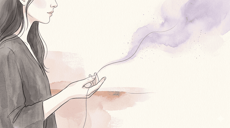 A woman's hand releasing a single thread that floats upward and dissolves into soft lavender mist.