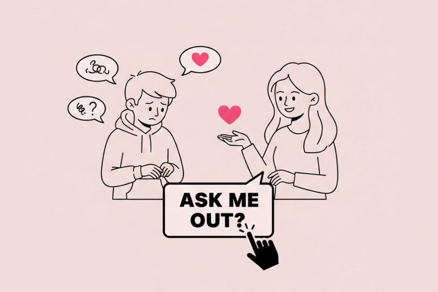 a graphic showing a woman asking a shy guy out on a date