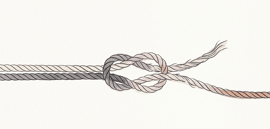 Two intertwined ropes forming a knot at the center of the composition. One rope is intact and steady, the other is slowly being pulled loose from one end by an unseen hand, the knot visibly loosening.