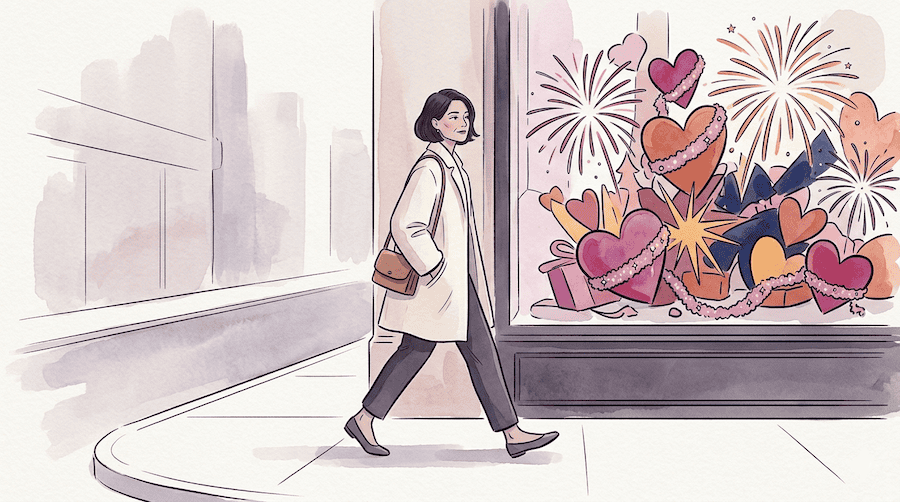 woman in mid-stride walking past a shop window. Inside the window is a gaudy, overlit display with hearts and fireworks, exaggerated and performative. She is glancing at it sideways with a slight knowing expression but her feet keep moving forward.
