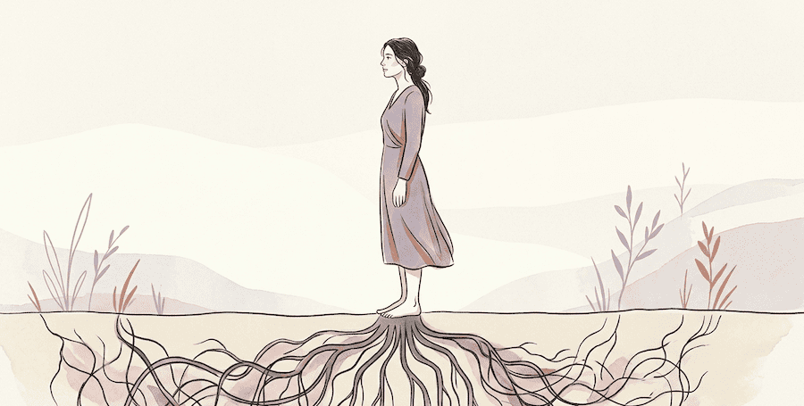 A woman standing barefoot on solid, even ground, her posture relaxed and grounded. Beneath the surface, visible in cross-section, tangled roots are slowly straightening and settling into place.