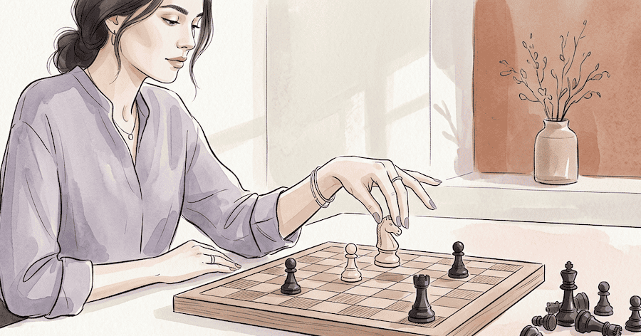 woman's hand calmly moving a single chess piece forward on a nearly empty board. Her posture is relaxed and unhurried. The opposing pieces are scattered off to the side, already removed from play.