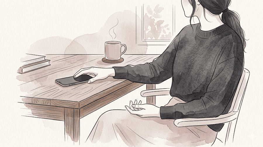 A woman's hand deliberately placing a phone face down on a table and sliding it slightly away from her. Her other hand rests in her lap, relaxed.