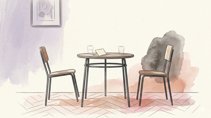 small café table between two chairs. On the table sits a folded note or card, slightly pushed toward one side. The chair on the receiving end is pushed back slightly, as if the person just paused to absorb what they read. The other chair is already empty.