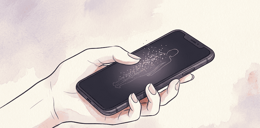 A woman's hand holding a phone, the screen showing a single faint outline of a person dissolving into pixels. Her thumb hovers but doesn't touch the screen.