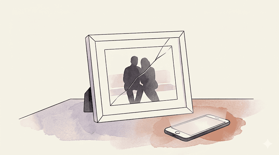 ramed picture of two people rendered as simple silhouettes sitting together. The frame itself is intact but the glass has a single clean crack running diagonally between the two figures. Beside the frame on the table, a phone lies face up with a faint glow emanating from the screen.