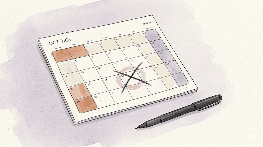 A single calendar page or planner with one date circled in soft blush pink. A loose, casual X has been scrawled through the circle in charcoal, slightly careless, as if it cost the person nothing to cancel. A pen rests nearby, already set down, already moved on.