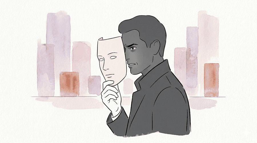 A man's silhouette holding a casual, unbothered mask slightly away from his face. In the gap between the mask and his actual profile, a tense jaw and tight expression are barely visible.