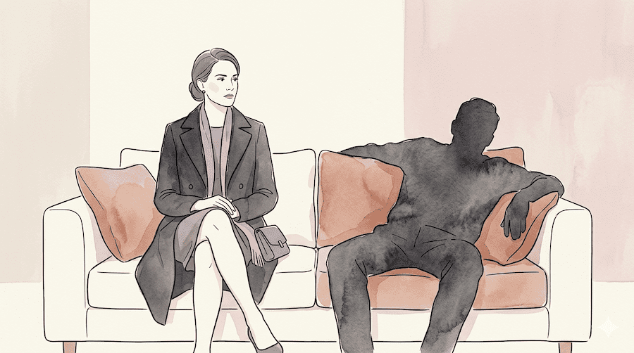 A woman sitting on a couch, dressed up and ready to go out, coat on, legs crossed. Beside her on the couch, a man's silhouette is sunk deep into the cushions, shapeless and settled in. The contrast between her readiness and his inertia is the entire composition. The mood is quiet frustration held with dignity.