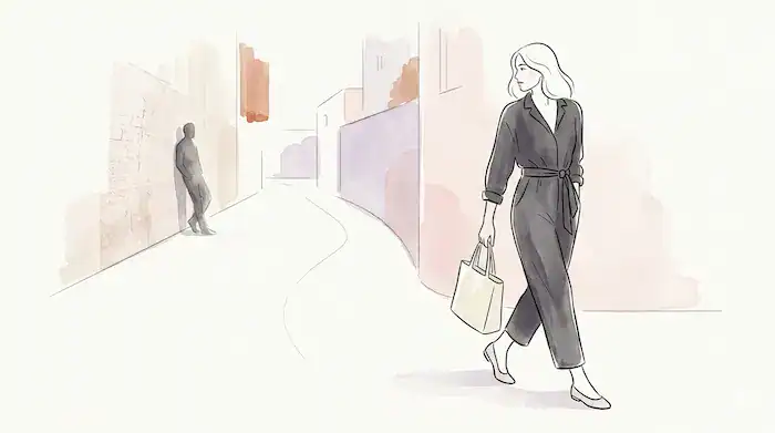 A woman mid-step as if she had been walking toward something, but she has just pivoted. One foot still points forward, the other has turned. Her shoulders are already rotating away. In the distance ahead of where she was heading, a faint figure leans casually against a wall, waiting to be approached.
