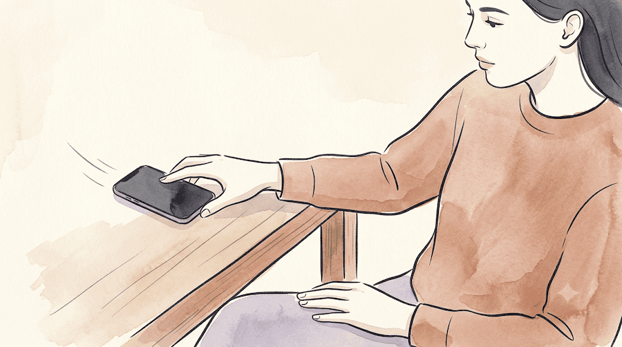 A woman's hand deliberately placing a phone face down on a table and sliding it slightly away from her. Her other hand rests in her lap, relaxed. The screen is hidden.