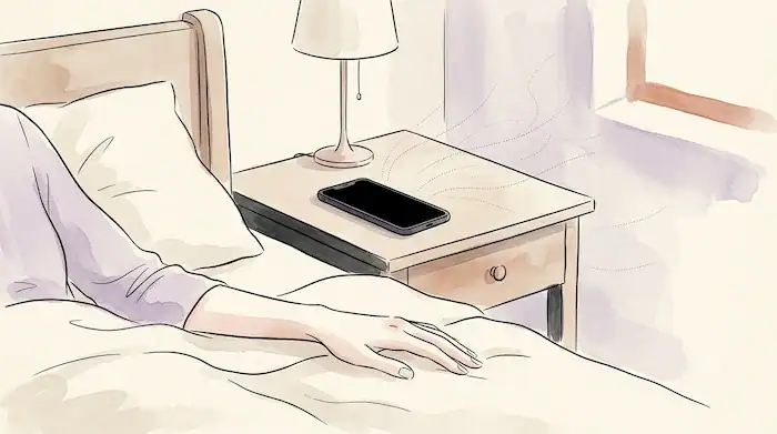 phone lying on a bedside table, its screen dark and blank.