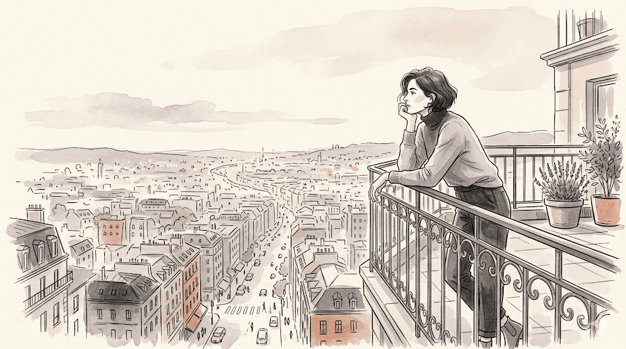 A woman sitting at a high vantage point, a balcony railing, looking out over a wide open cityscape sketched loosely below her. Her posture is relaxed and observant, chin resting on one hand. The city is full of faint life, small shapes suggesting places and movement.