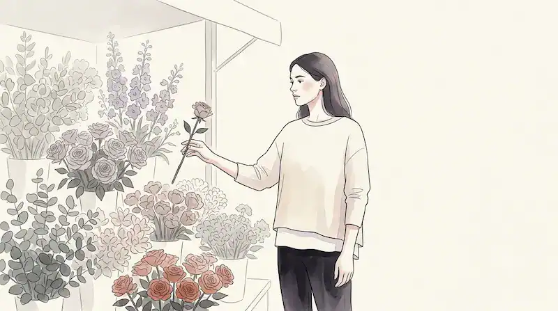 Woman standing in front of a flower stall full of different blooms, all rendered in faint grey and muted tones instead of color. Her hand reaches toward one stem but doesn't pick it up, not out of sadness but because nothing registers. The flowers are objectively beautiful but visually flat to her.