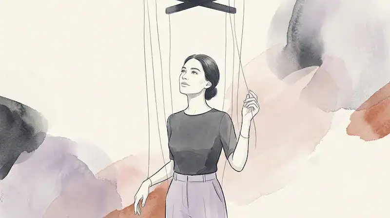 A woman looking upward with a calm, clear-eyed expression. Above her, several thin marionette strings hang from above, dangling near her shoulders and arms, but none of them are attached to her. She can see them plainly. One hand is gently pushing a string aside like brushing away a cobweb.