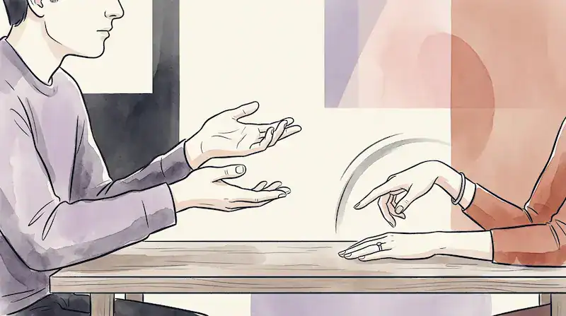 A man's hands open in front of him, palms up, offering nothing. The gesture suggests he is mid-explanation, presenting reasons, being earnest. But the hands are completely empty. Across from him, a woman's hand rests on the table, one finger tapping once, waiting.