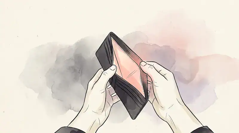 man's hands turning an open wallet toward the viewer, showing it empty.