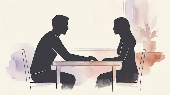 Two people sitting at a table seen from the side in simple silhouette. Their postures tell the whole story. He is leaning slightly forward, shoulders angled toward her, one arm resting on the table closer to her side.
